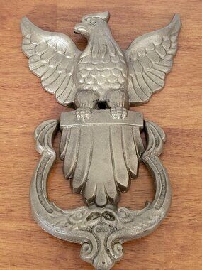 Vintage Cast Iron Eagle Door Knocker 8" Ornate Wings Open Exterior Home Decor